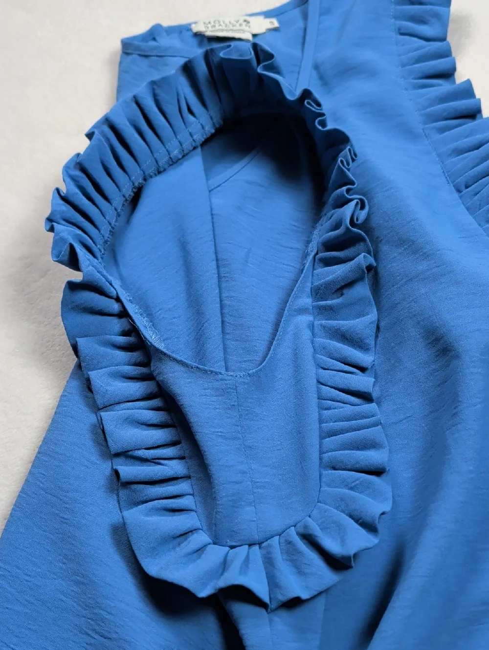 Molly Bracken Blue Ruffle Sleeve Pleated Neckline Blouse, Size S - Picture 10 of 10